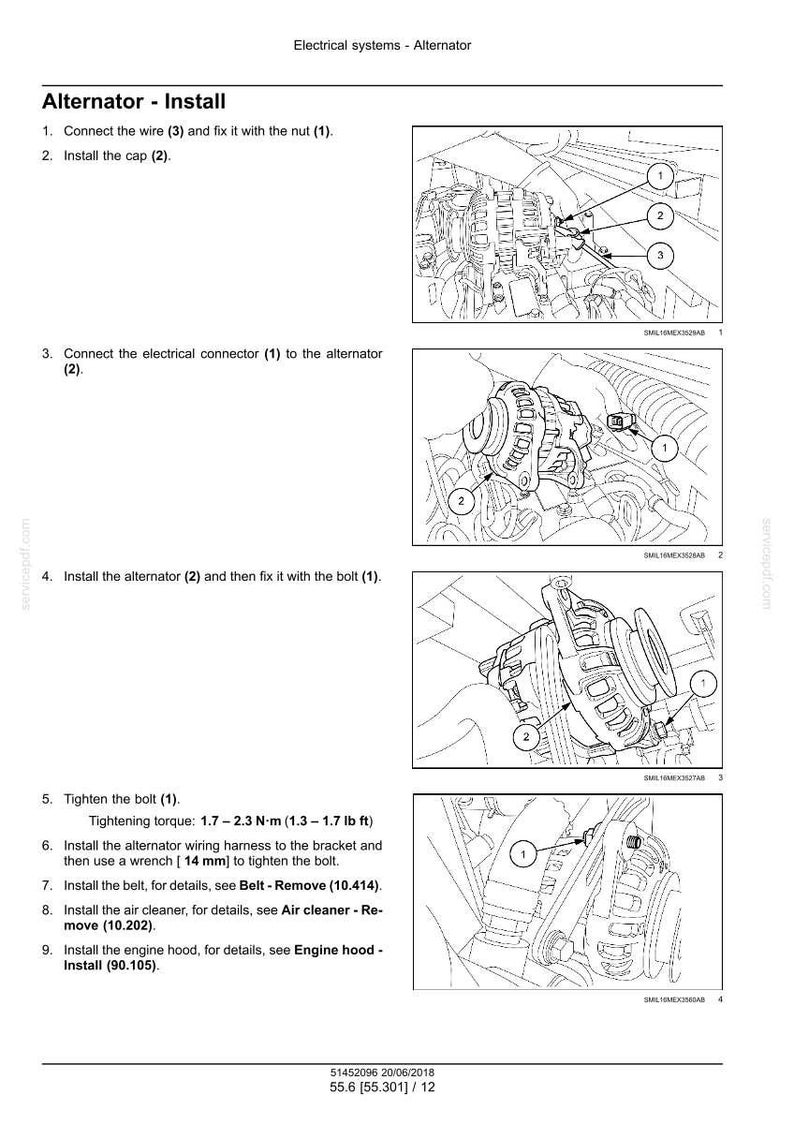 May include: Diagram of alternator installation steps. Instructions include connecting wires, installing caps and connectors, and tightening bolts. The image shows detailed views of the alternator and related components.