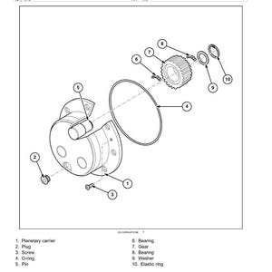 Op de afbeelding: Een explosietekening van een achterassysteem, met planetaire en eindaandrijvingscomponenten. Inclusief een planetaire drager, tandwielen, lagers en een elastische ring. De tekening is gelabeld voor componentidentificatie.