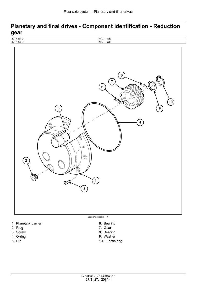 Op de afbeelding: Een explosietekening van een achterassysteem, met planetaire en eindaandrijvingscomponenten. Inclusief een planetaire drager, tandwielen, lagers en een elastische ring. De tekening is gelabeld voor componentidentificatie.