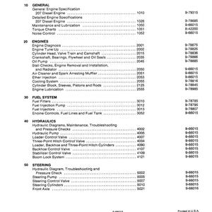 May include: A black and white printed table of contents from a 580C Loader Backhoe service manual. The document lists sections on engines, fuel systems, hydraulics, and steering, with corresponding form numbers.
