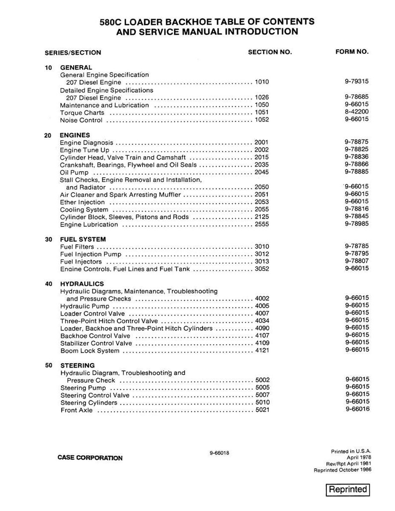 May include: A black and white printed table of contents from a 580C Loader Backhoe service manual. The document lists sections on engines, fuel systems, hydraulics, and steering, with corresponding form numbers.