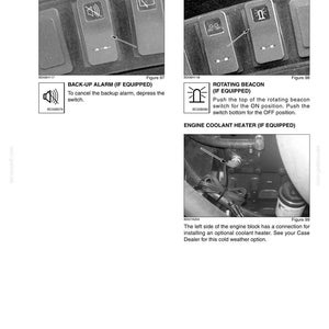 May include: A page from an equipment manual showing instrument and control panel details. Includes diagrams for a back-up alarm, rotating beacon, and engine coolant heater. Text provides operational instructions.