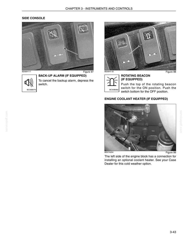 May include: A page from an equipment manual showing instrument and control panel details. Includes diagrams for a back-up alarm, rotating beacon, and engine coolant heater. Text provides operational instructions.