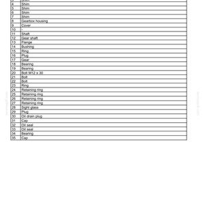 May include: A technical document titled Reel drive system Gearbox - Overview, featuring a numbered list of 35 components including shims, gearbox housing, shafts, gears, bearings, M12 x 30 bolts, retaining rings, sight glass, and oil seals.
