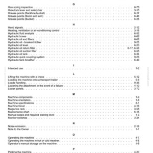 May include: A detailed index page from a manual, featuring a list of technical terms and their corresponding page numbers. The text is in black against a white background, organized alphabetically with headings like "Fuel tank" and "Machine components."