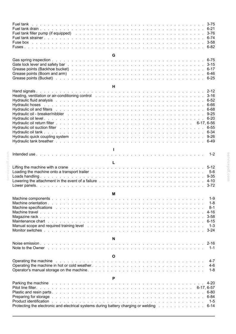 May include: A detailed index page from a manual, featuring a list of technical terms and their corresponding page numbers. The text is in black against a white background, organized alphabetically with headings like "Fuel tank" and "Machine components."
