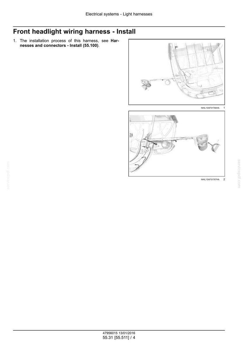 May include: Diagram of a front headlight wiring harness installation process. The image shows detailed illustrations of the harness and connectors, with labels and references to installation steps. The text includes the title "Front headlight wiring harness - Install".