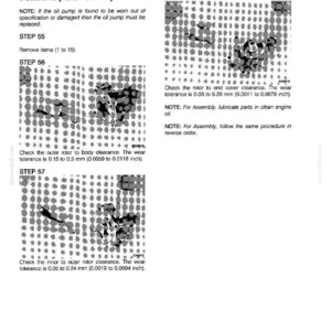 May include: A technical diagram from 1991 detailing the disassembly and assembly of an oil pump. The document includes steps, notes, and measurements in inches and millimeters for checking clearances. The text is in English.
