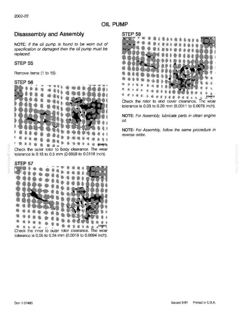 May include: A technical diagram from 1991 detailing the disassembly and assembly of an oil pump. The document includes steps, notes, and measurements in inches and millimeters for checking clearances. The text is in English.