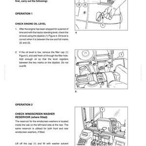 May include: A technical manual page titled SECTION 3, detailing maintenance procedures. It includes text instructions for checking engine oil levels and windscreen washer reservoirs, accompanied by three black and white line drawings labeled 4, 5, and 6.