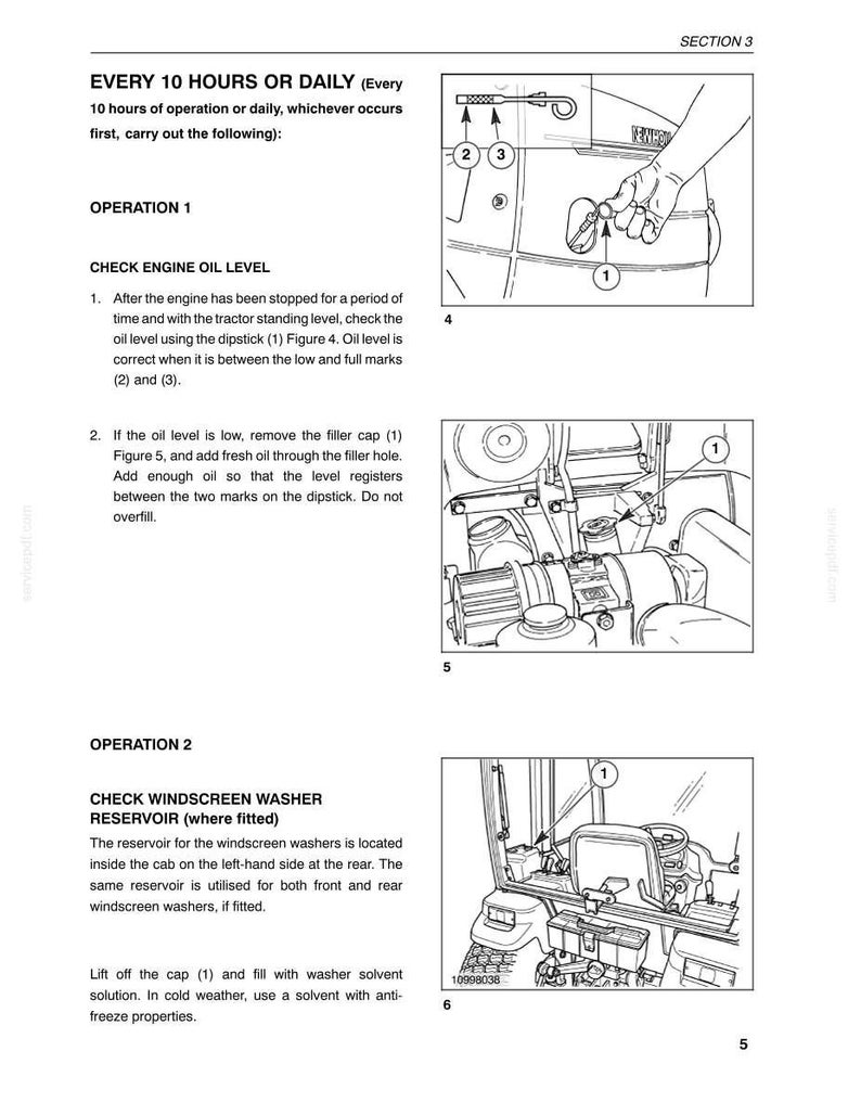 May include: A technical manual page titled SECTION 3, detailing maintenance procedures. It includes text instructions for checking engine oil levels and windscreen washer reservoirs, accompanied by three black and white line drawings labeled 4, 5, and 6.