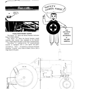 Pode incluir: Diagrama de um trator da s&eacute;rie "630" com rodas dianteiras duplas, incluindo dimens&otilde;es e especifica&ccedil;&otilde;es. A imagem tamb&eacute;m apresenta um personagem de desenho animado com uma mensagem de seguran&ccedil;a e texto sobre os locais dos n&uacute;meros de s&eacute;rie do trator.