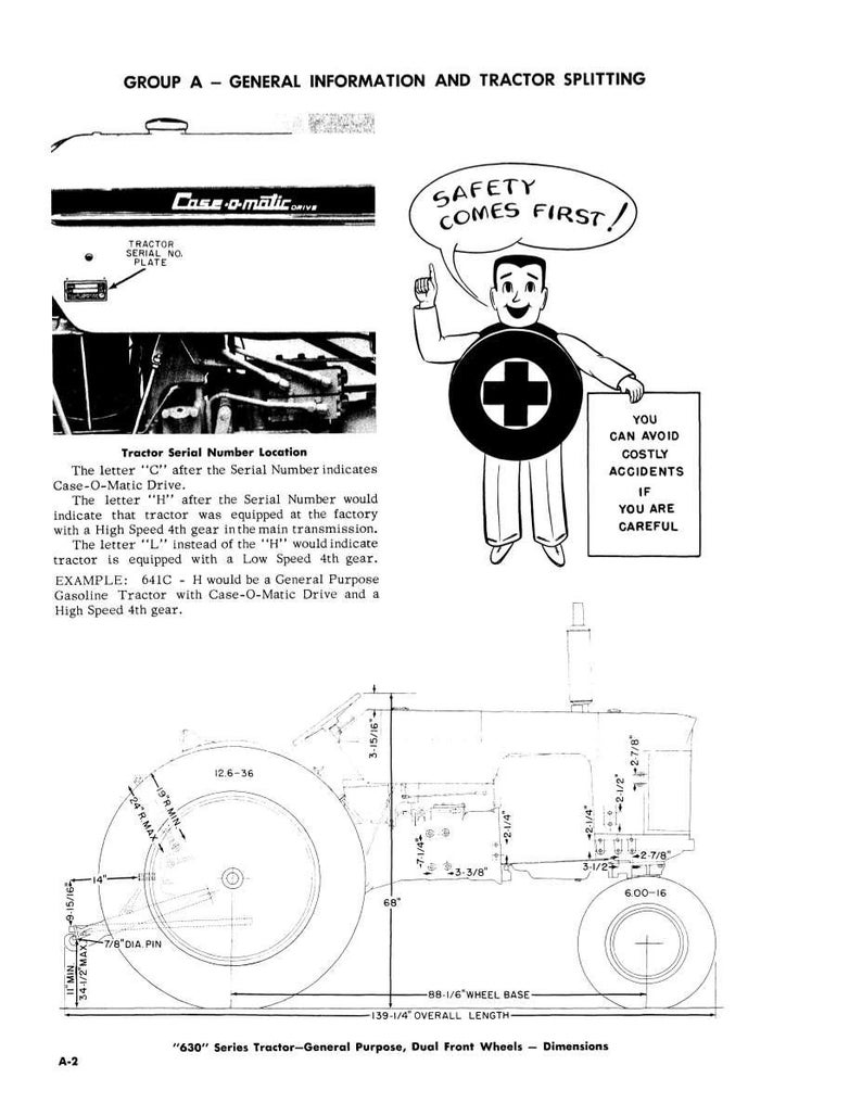 Pode incluir: Diagrama de um trator da s&eacute;rie "630" com rodas dianteiras duplas, incluindo dimens&otilde;es e especifica&ccedil;&otilde;es. A imagem tamb&eacute;m apresenta um personagem de desenho animado com uma mensagem de seguran&ccedil;a e texto sobre os locais dos n&uacute;meros de s&eacute;rie do trator.