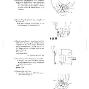 May include: A technical manual page featuring black and white line drawings of mechanical assembly steps for a hydraulic pump. The text includes instructions for installing a spring guide, valve plate, packing, socket bolts, and gear components.