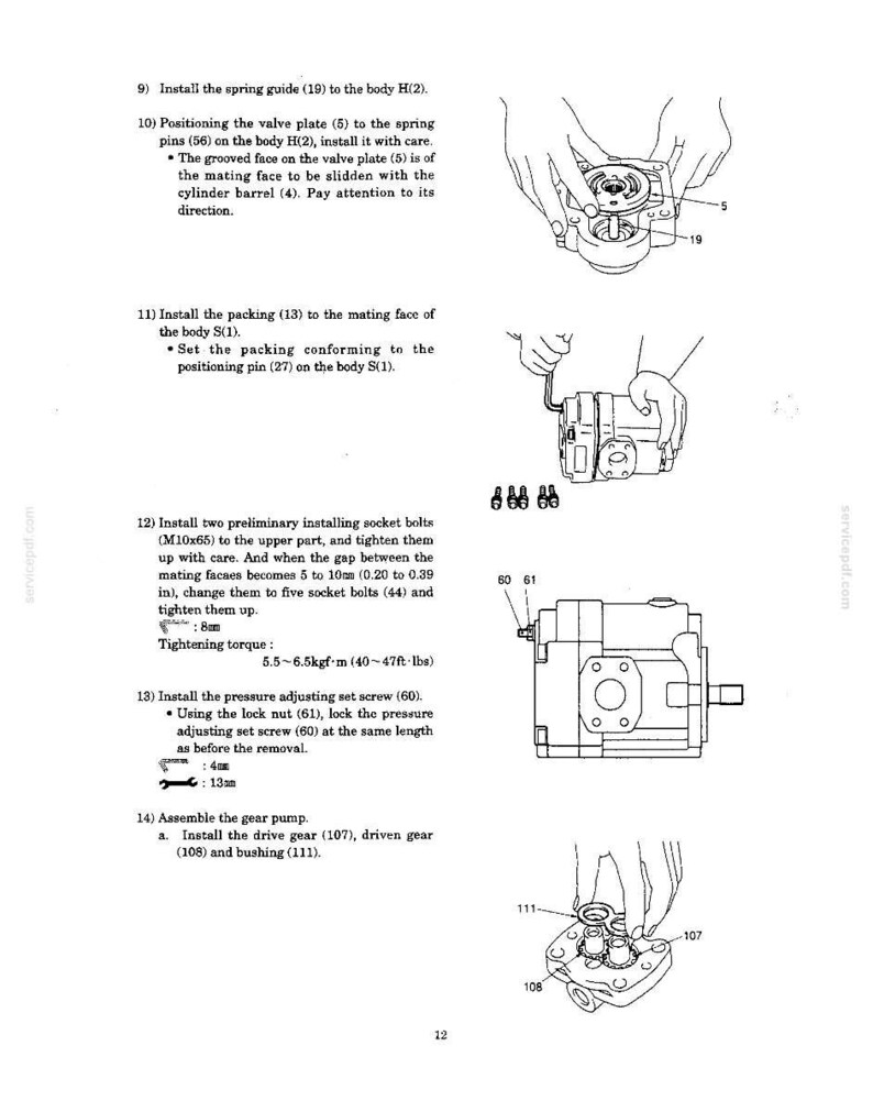 May include: A technical manual page featuring black and white line drawings of mechanical assembly steps for a hydraulic pump. The text includes instructions for installing a spring guide, valve plate, packing, socket bolts, and gear components.