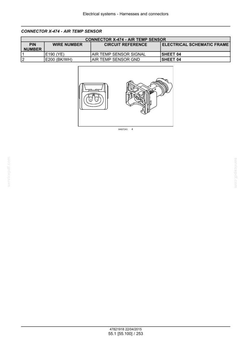 Puede incluir: Diagrama de un conector de sensor de temperatura del aire, etiquetado como "CONNECTOR X-474". La imagen incluye una tabla con n&uacute;meros de pin, n&uacute;meros de cable, referencias de circuito y detalles del marco del esquema el&eacute;ctrico. El diagrama tambi&eacute;n muestra el conector y sus componentes.