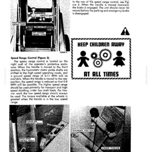 May include: A black and white technical manual page for New Holland equipment featuring diagrams of steering levers, a parking brake, and a speed range control. It includes a warning sign with the text KEEP CHILDREN AWAY AT ALL TIMES and gear icons.
