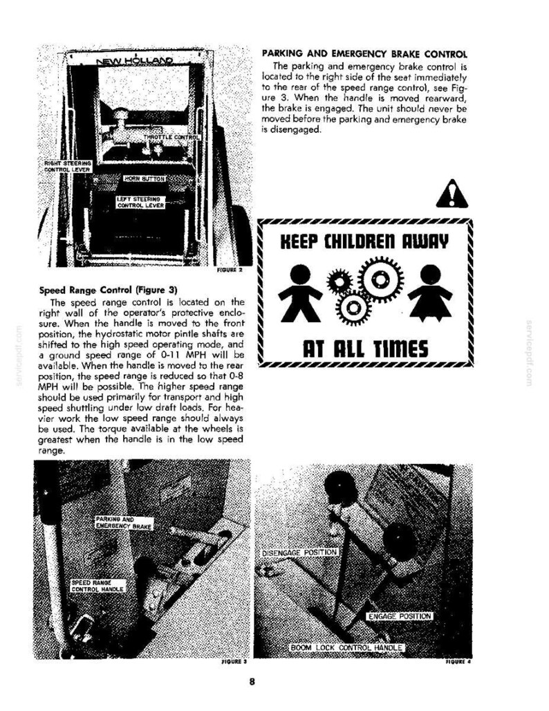 May include: A black and white technical manual page for New Holland equipment featuring diagrams of steering levers, a parking brake, and a speed range control. It includes a warning sign with the text KEEP CHILDREN AWAY AT ALL TIMES and gear icons.
