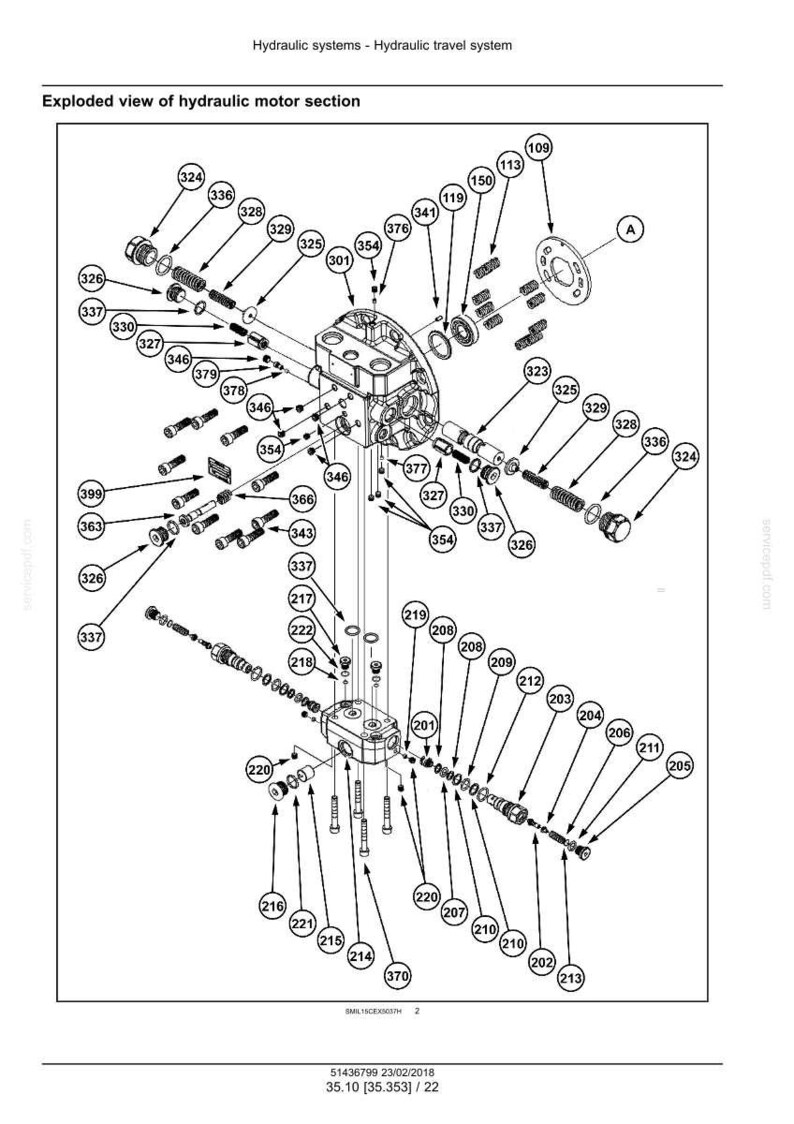 May include: An exploded view diagram of a hydraulic motor section, labeled with numerous part numbers. The diagram includes various components like bolts, springs, and valves, essential for hydraulic systems. The text "Hydraulic systems - Hydraulic travel system" is at the top.