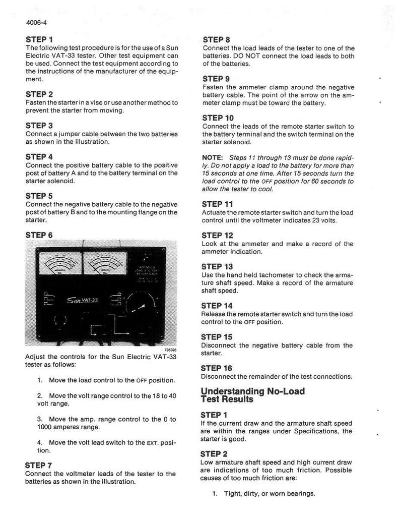 May include: A black and white Sun Electric VAT-33 tester with gauges and dials, used for testing automotive starters. The image includes instructions and steps for using the tester, with text and diagrams. The tester has a model number of 4006-4.