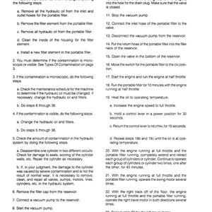 May include: A detailed instructional page titled "CLEANING THE HYDRAULIC SYSTEM" with numbered steps. The text is black on a white background, with a clear, easy-to-read font. The document includes instructions for filter maintenance and engine operation.