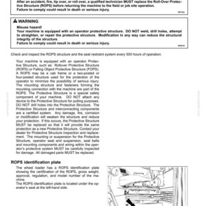 May include: A technical manual page titled 7-MAINTENANCE Roll Over Protective Structure (ROPS) - Check. It includes two warning boxes regarding roll-over and misuse hazards, detailed inspection instructions, and a line drawing of a seat area.