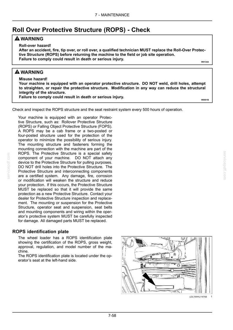 May include: A technical manual page titled 7-MAINTENANCE Roll Over Protective Structure (ROPS) - Check. It includes two warning boxes regarding roll-over and misuse hazards, detailed inspection instructions, and a line drawing of a seat area.
