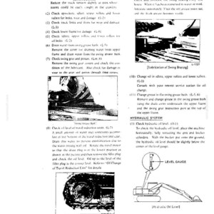 May include: A technical manual page featuring black and white diagrams and text instructions for heavy machinery maintenance. It includes sections on swing bearing lubrication, travel reduction unit checks, and hydraulic system oil level monitoring.