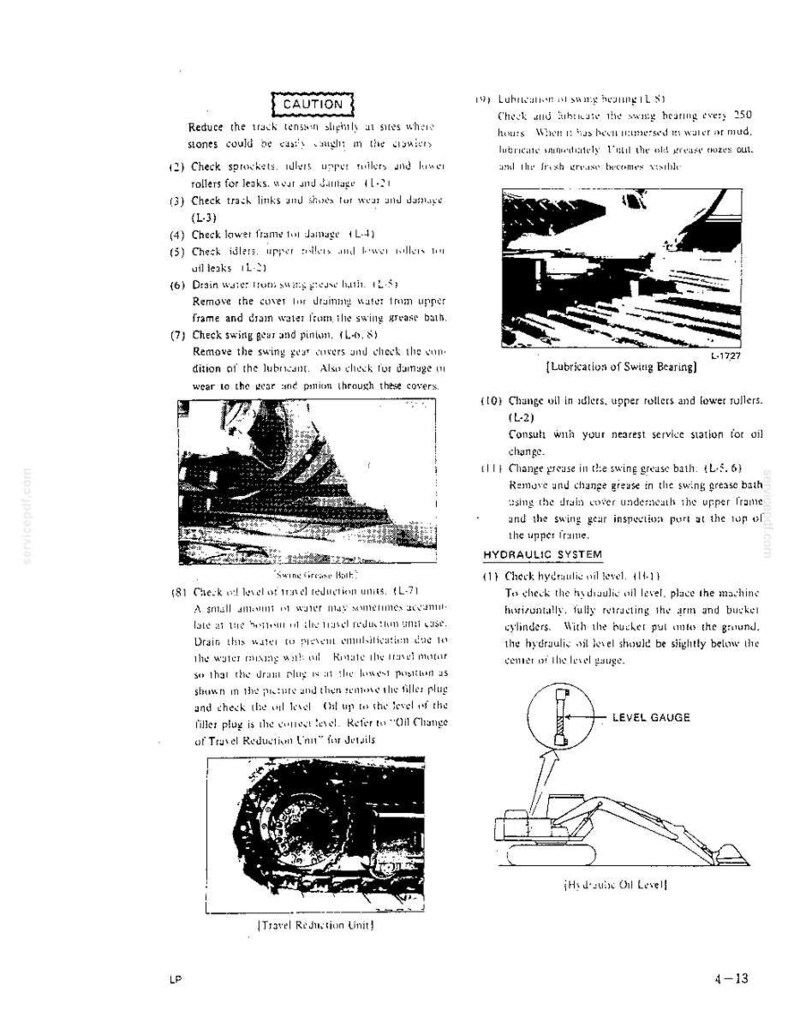 May include: A technical manual page featuring black and white diagrams and text instructions for heavy machinery maintenance. It includes sections on swing bearing lubrication, travel reduction unit checks, and hydraulic system oil level monitoring.