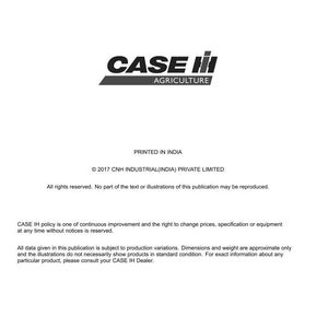 K&ouml;nnte beinhalten: Ein wei&szlig;es Dokument mit dem CASE IH AGRICULTURE Logo in Schwarz und Rot. Der Text enth&auml;lt den Firmennamen, die Adresse und Urheberrechtsinformationen. Das Dokument ist in Indien gedruckt.