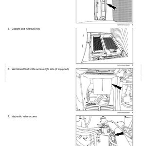 May include: Diagram of vehicle maintenance procedures. Includes illustrations of hydraulic fluid gauge, coolant and hydraulic fills, windshield fluid bottle, and hydraulic valve access. Text includes "7 - MAINTENANCE" and "7-28".