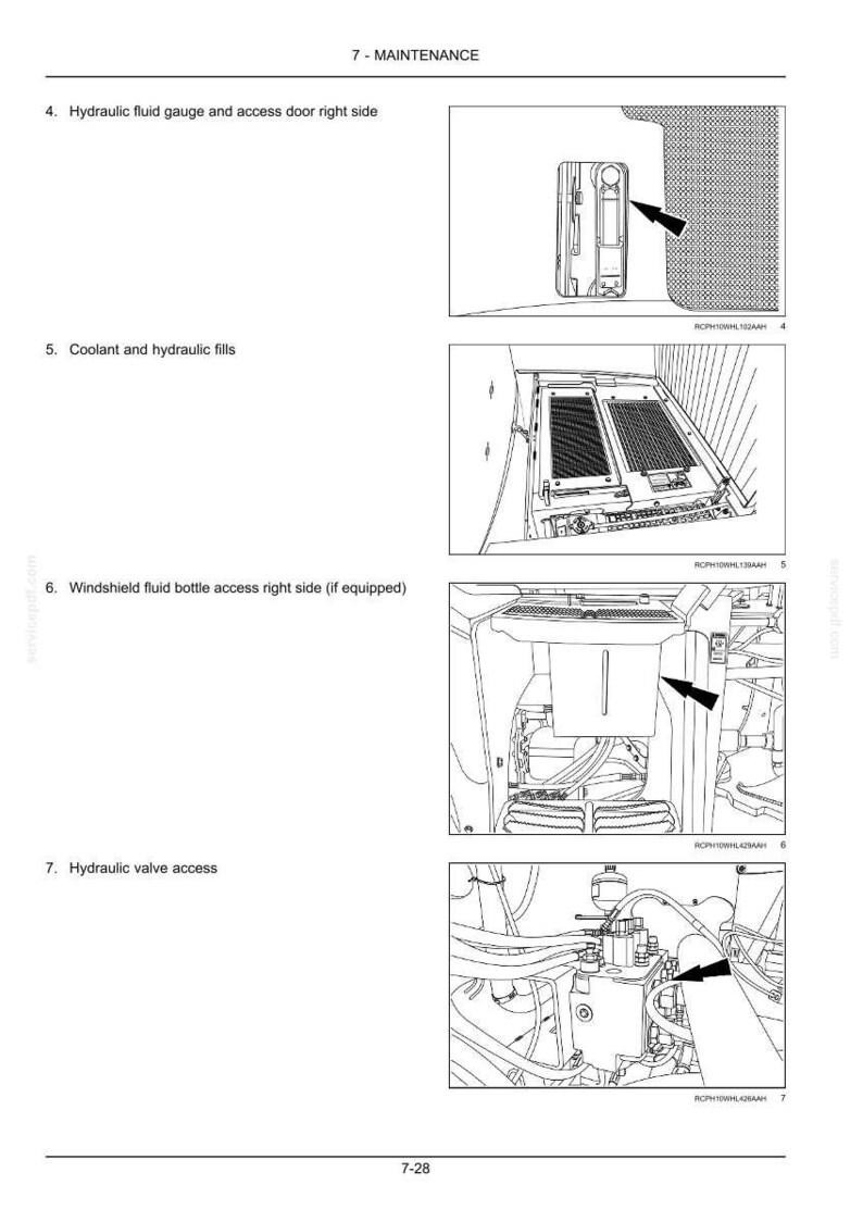 May include: Diagram of vehicle maintenance procedures. Includes illustrations of hydraulic fluid gauge, coolant and hydraulic fills, windshield fluid bottle, and hydraulic valve access. Text includes "7 - MAINTENANCE" and "7-28".