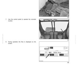 K&ouml;nnte beinhalten: Diagramm aus einer Betriebsanleitung mit Anweisungen f&uuml;r einen Betonbrecher. Enth&auml;lt Bilder des Pedals, des Bedienfelds und der Bildschirmanzeige. Der Bildschirm zeigt eine Durchflussrate von 193 Litern pro Minute an.