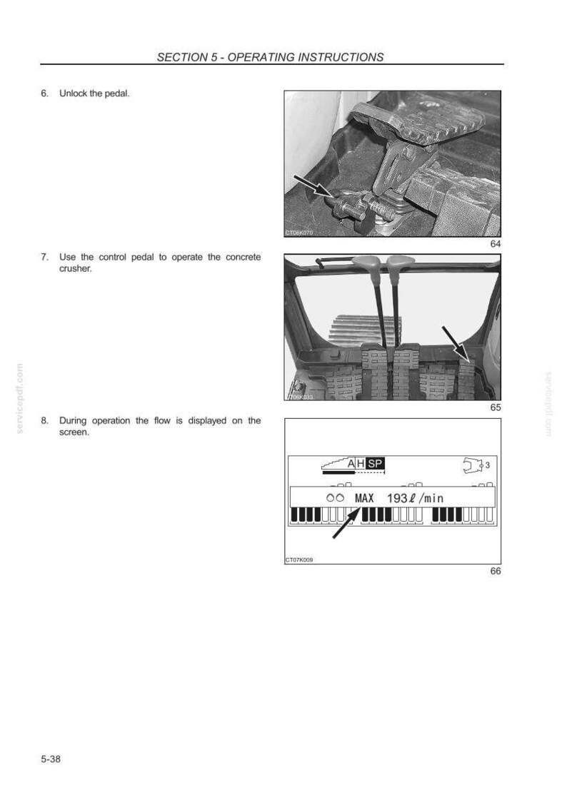 K&ouml;nnte beinhalten: Diagramm aus einer Betriebsanleitung mit Anweisungen f&uuml;r einen Betonbrecher. Enth&auml;lt Bilder des Pedals, des Bedienfelds und der Bildschirmanzeige. Der Bildschirm zeigt eine Durchflussrate von 193 Litern pro Minute an.
