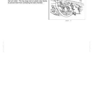 May include: Diagram illustrating the hay dog overview, detailing the bale chamber components. The image includes labels for hay dogs, springs, pins, and hair pin cotters. Text provides a description of each part's function.