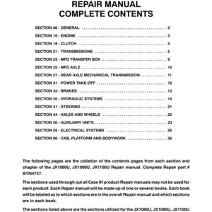 May include: A white page with the title "JX1080U, JX1090U, JX1100U REPAIR MANUAL COMPLETE CONTENTS" in black. The page lists various sections including Engine, Clutch, Transmissions, and Axles. The text "Complete Repair part # 87054727" is also visible.