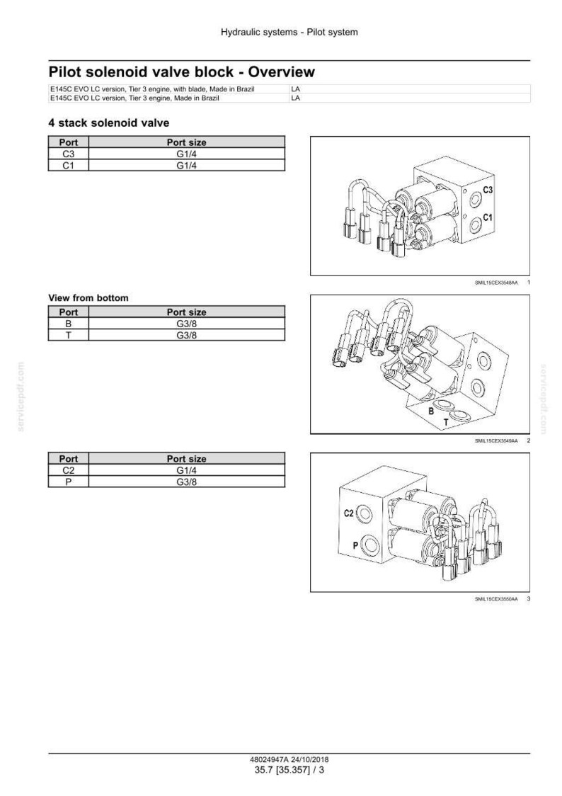 Puede incluir: Diagrama de un bloque de v&aacute;lvula solenoide piloto, con vistas detalladas y tama&ntilde;os de puerto. Incluye ilustraciones de la v&aacute;lvula solenoide de 4 apilamientos y vista desde abajo. Texto: "Pilot solenoid valve block - Overview".