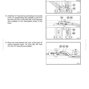 Pu&ograve; includere: Schema di un sistema di movimentazione oggetti con illustrazioni dettagliate. L'immagine mostra l'installazione di tubi flessibili e raccordi, tra cui il tubo di scarico da 3/8" (41), il tubo da 1/2" (42) e vari raccordi numerati. Le istruzioni testuali accompagnano gli schemi.