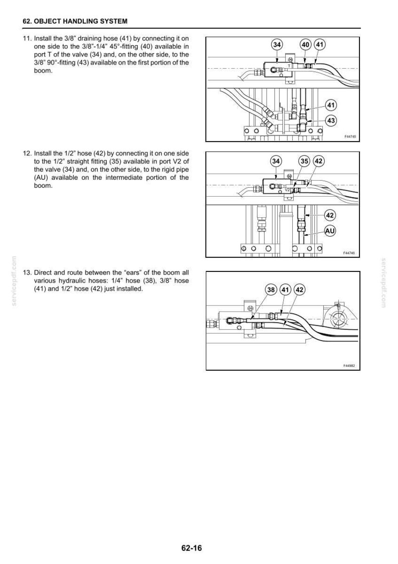 Pu&ograve; includere: Schema di un sistema di movimentazione oggetti con illustrazioni dettagliate. L'immagine mostra l'installazione di tubi flessibili e raccordi, tra cui il tubo di scarico da 3/8" (41), il tubo da 1/2" (42) e vari raccordi numerati. Le istruzioni testuali accompagnano gli schemi.