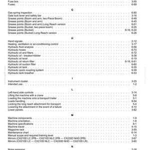 May include: A detailed page from a manual, listing various components and procedures for a machine. The text includes sections on fuel systems, hydraulic systems, and machine operation, with corresponding page numbers.