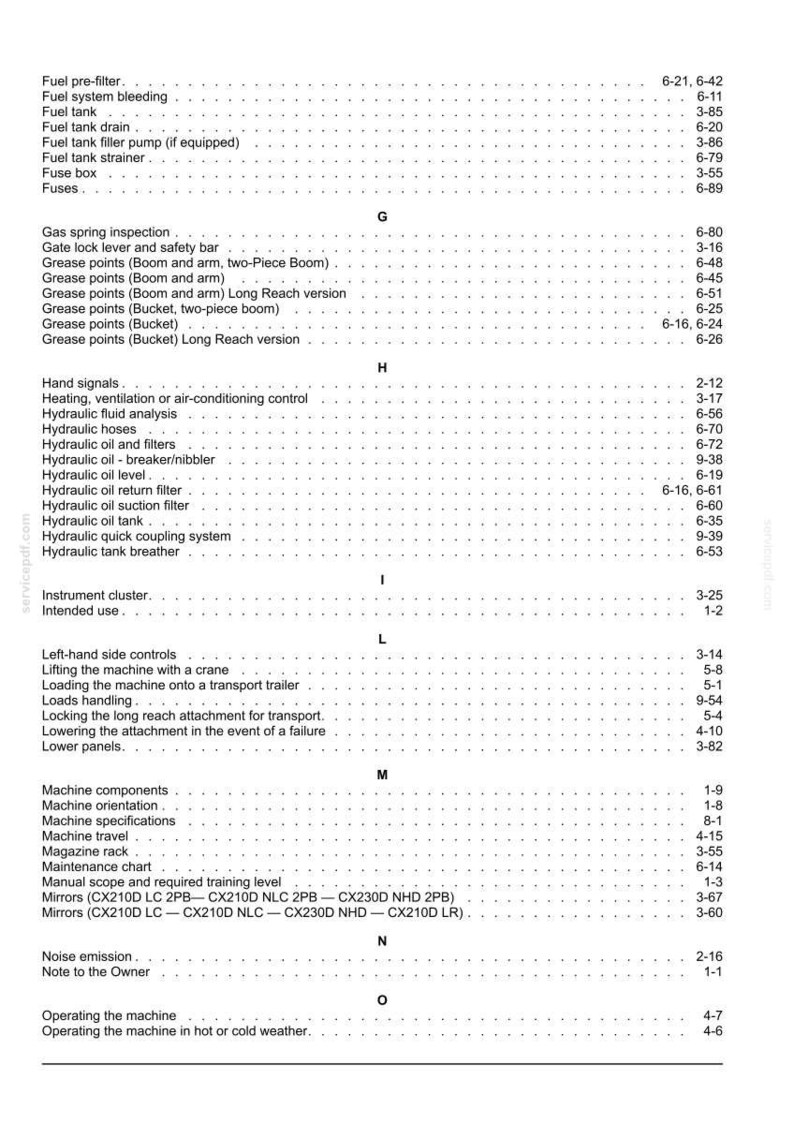 May include: A detailed page from a manual, listing various components and procedures for a machine. The text includes sections on fuel systems, hydraulic systems, and machine operation, with corresponding page numbers.
