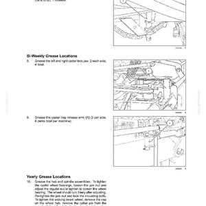 May include: A technical service manual page titled BODY AND STRUCTURE - FRAME Primary frame, featuring three black and white line drawings with numbered callouts indicating grease locations for steering hitch pivots, caster lock jaws, and release arms.