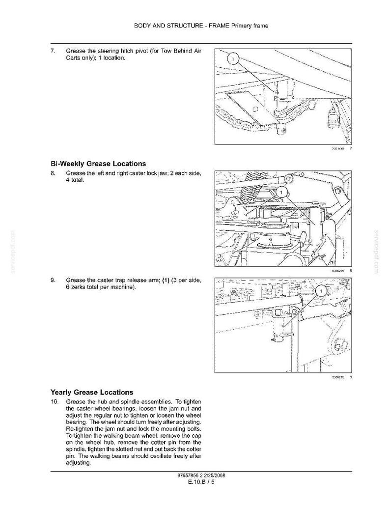 May include: A technical service manual page titled BODY AND STRUCTURE - FRAME Primary frame, featuring three black and white line drawings with numbered callouts indicating grease locations for steering hitch pivots, caster lock jaws, and release arms.
