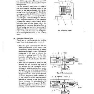 May include: A technical document page featuring three black and white diagrams labeled Fig. 9 Parking brake, Fig. 10 Releasing brake, and Fig. 11 Operation of timer valve, accompanied by detailed text explaining the mechanical operation of these components.