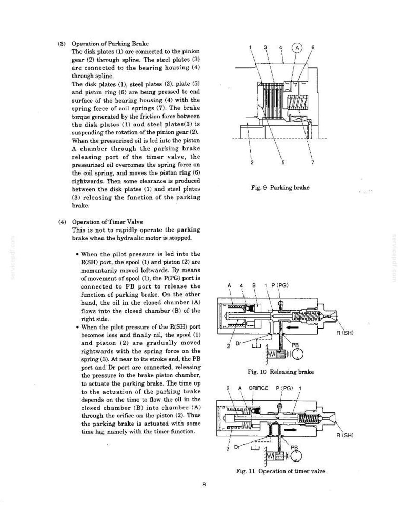 May include: A technical document page featuring three black and white diagrams labeled Fig. 9 Parking brake, Fig. 10 Releasing brake, and Fig. 11 Operation of timer valve, accompanied by detailed text explaining the mechanical operation of these components.