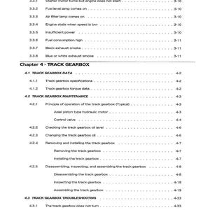 Pu&ograve; includere: Pagina di un manuale con un sommario. Le sezioni includono la risoluzione dei problemi di carburante, aria e scarico, e i dati e la manutenzione del cambio cingolato. Il documento presenta sottotitoli e numeri di pagina.