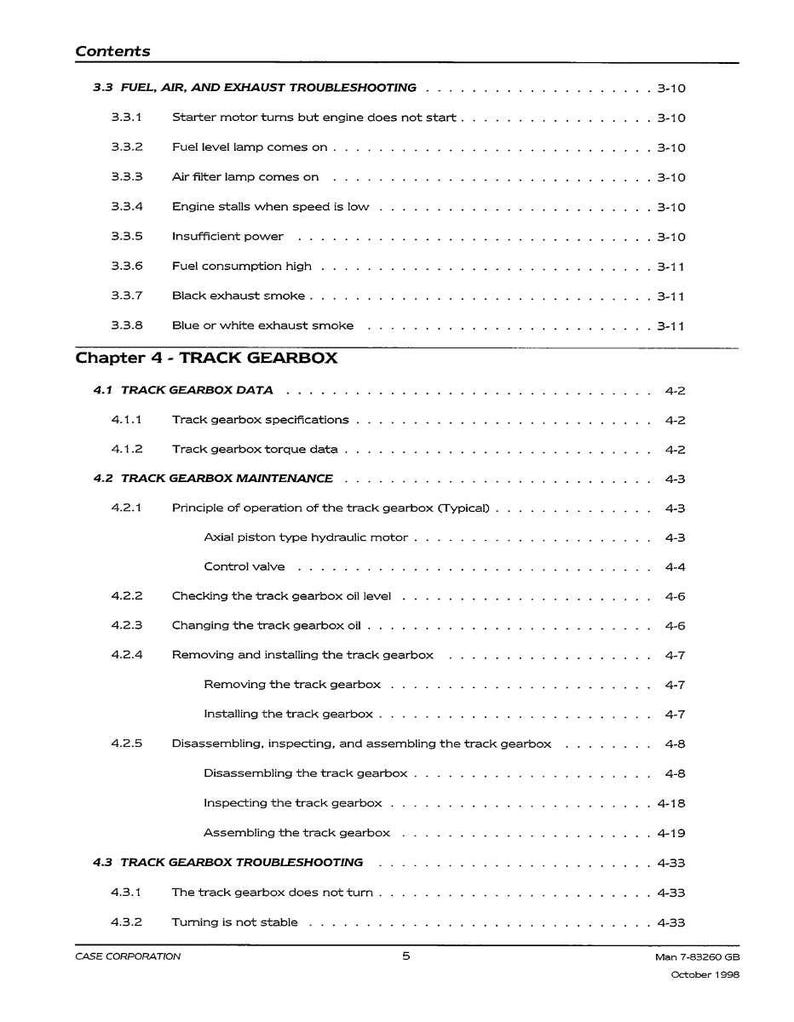 Pu&ograve; includere: Pagina di un manuale con un sommario. Le sezioni includono la risoluzione dei problemi di carburante, aria e scarico, e i dati e la manutenzione del cambio cingolato. Il documento presenta sottotitoli e numeri di pagina.