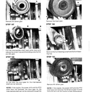 May include: A black and white diagram with multiple images detailing mechanical steps. The images show gears, shafts, and other components, with text instructions like "Remove 3rd driver gear" and "Remove the input gear."