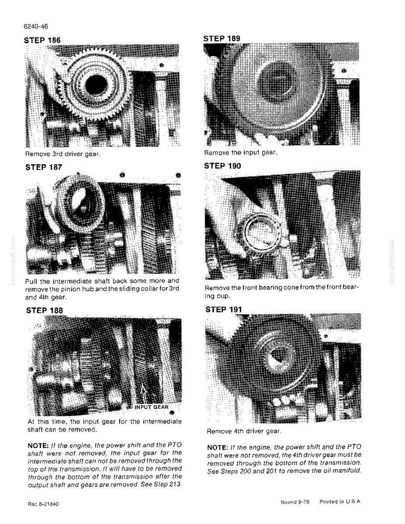 May include: A black and white diagram with multiple images detailing mechanical steps. The images show gears, shafts, and other components, with text instructions like "Remove 3rd driver gear" and "Remove the input gear."