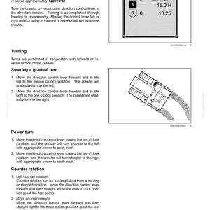 May include: Page from an operating manual with instructions for a crawler. Includes diagrams and text on turning, power turns, and counter rotation. Displays a multi-function display showing speed and time.